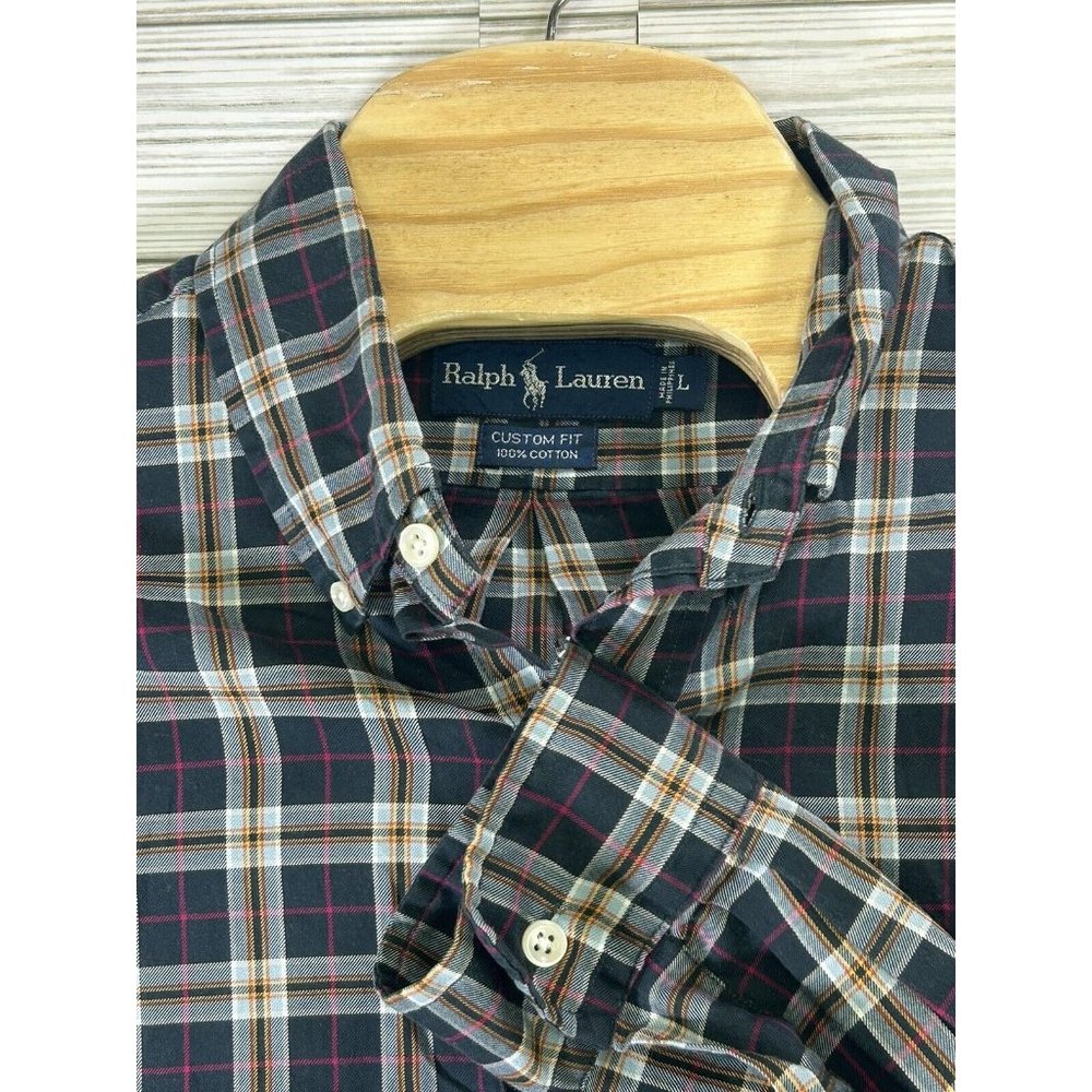 Ralph Lauren Men's Cotton Button Down Shirt‎ Large Black Pink Plaid Long Sleeve